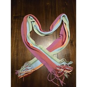 Rainbow Multicolor Soft Knit Scarf With Fringe 86x7" Cozy Winter Accessory